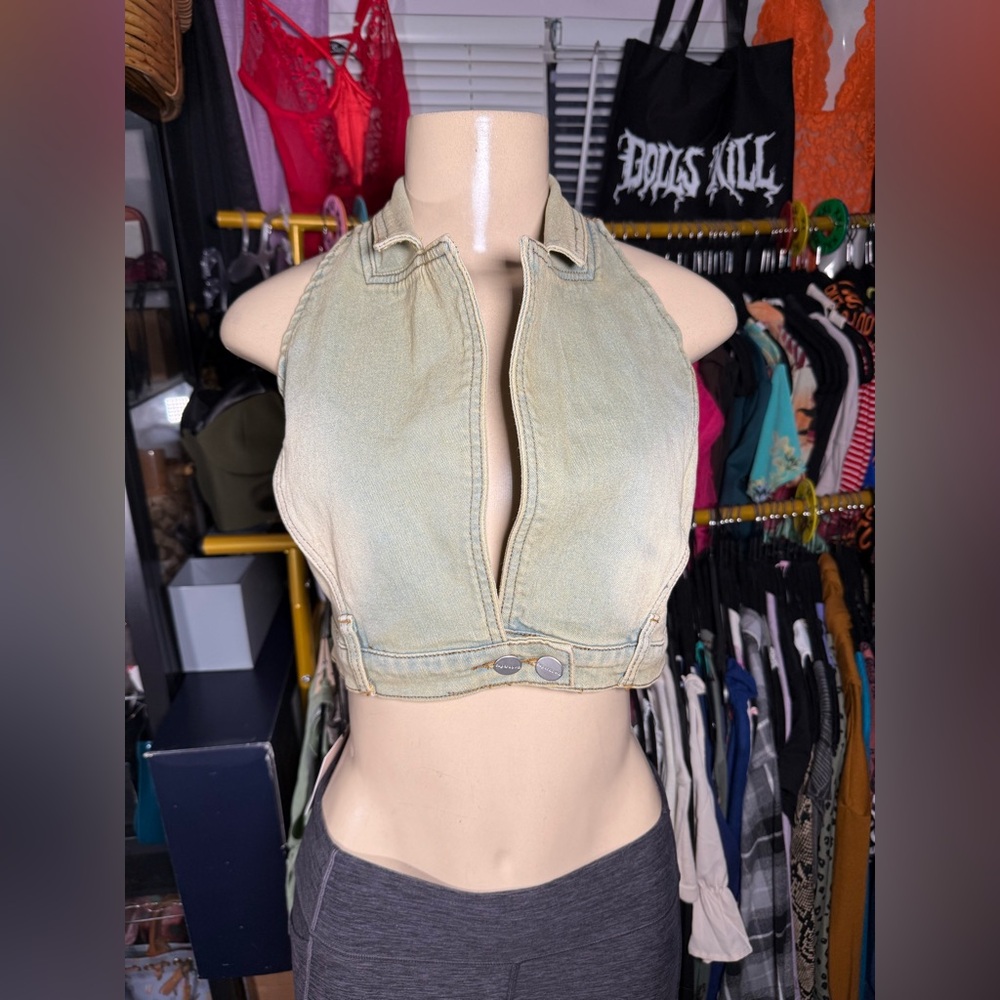 NWT Superdown Semi Cropped Denim Halter Vest size Large